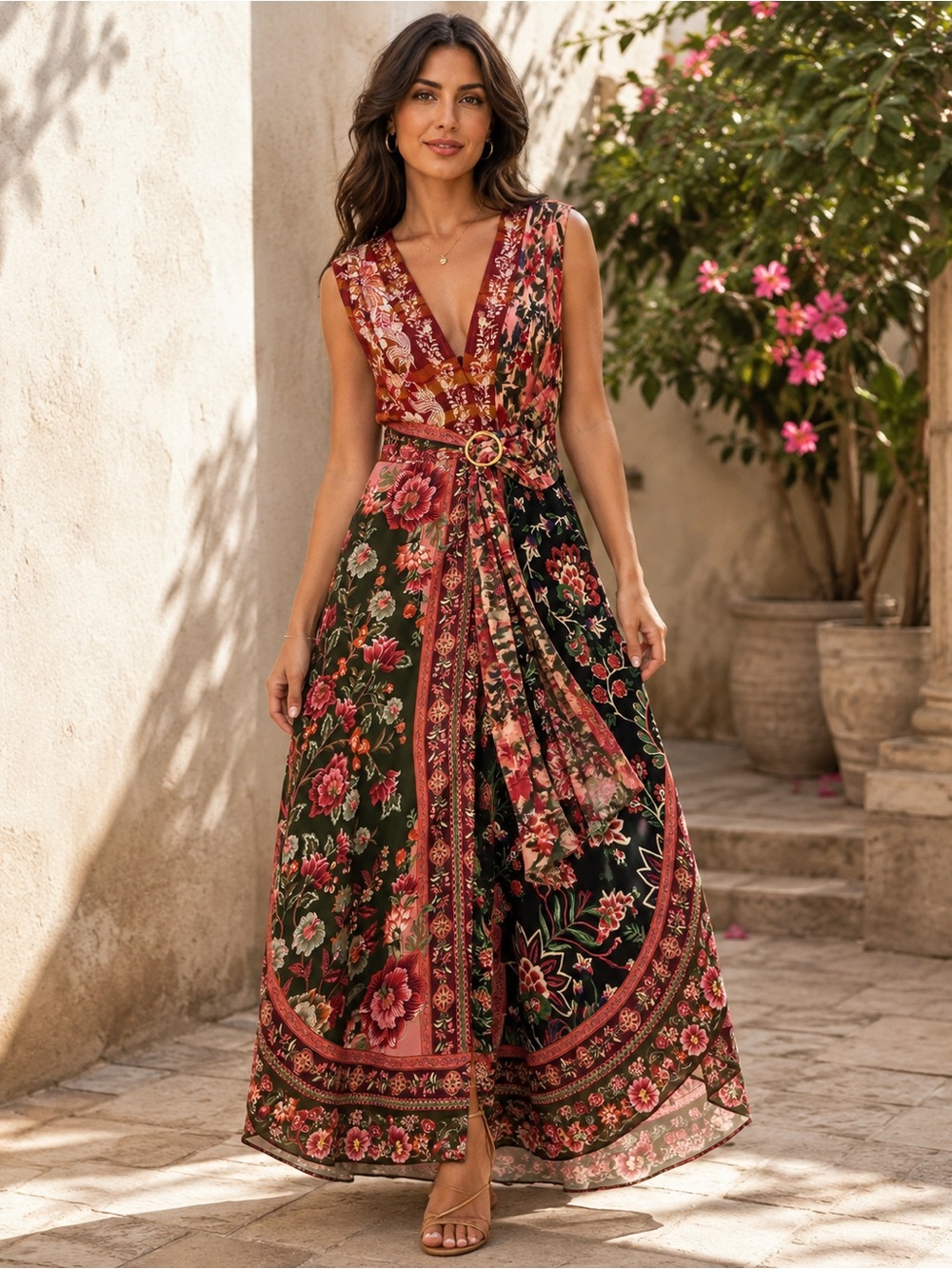 FARM Rio Winter Garden Mix Sleeveless Belted Maxi Dress XL wedding guest fall au